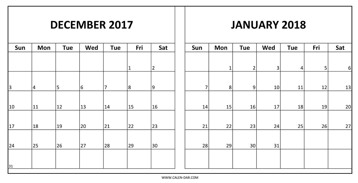 calendar 2018 december and january 2018