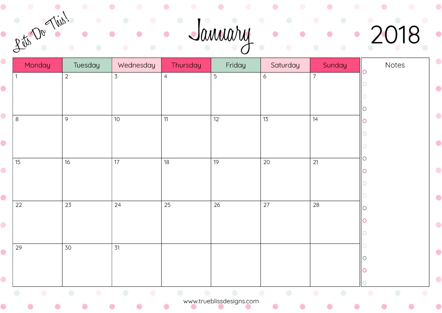 E Printable Calendar 2018 Monthly Printable Calendar True Bliss Designs