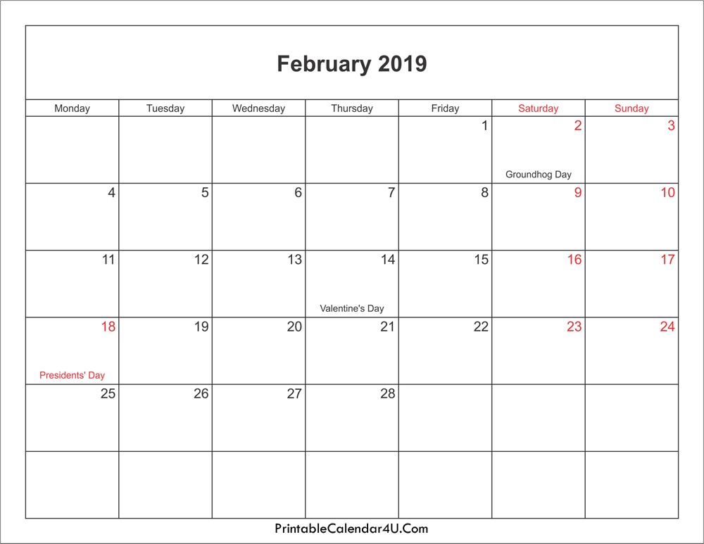 february 2019 calendar printable holidays