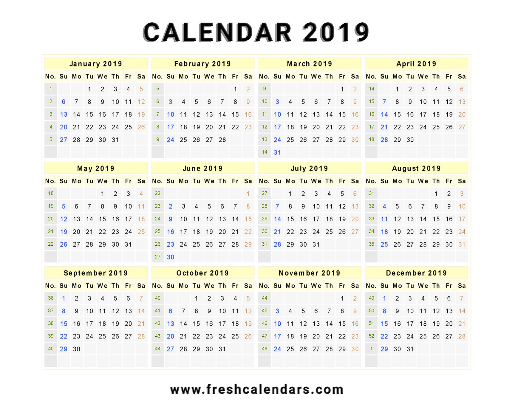 Free 2019 Printable Calendar 2019 Yearly Calendar Printable to Pin On