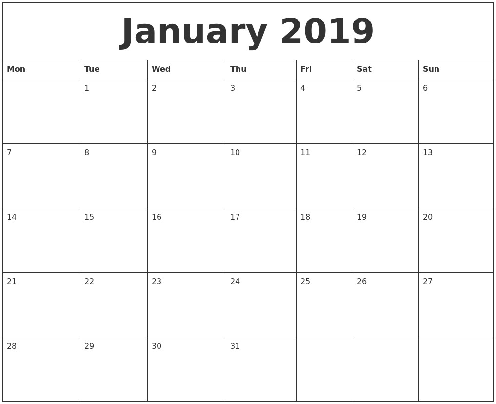 january 2019 free printable monthly calendar