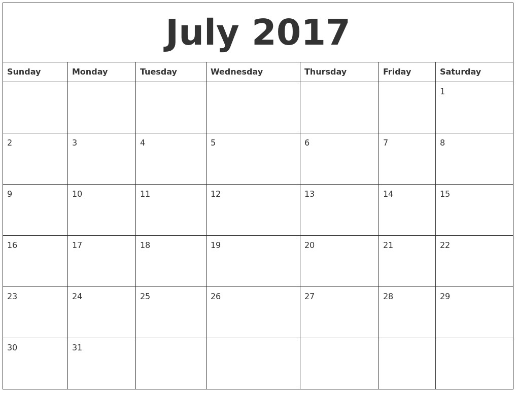 Free Large Printable Calendar July 2017 Printable Calendar