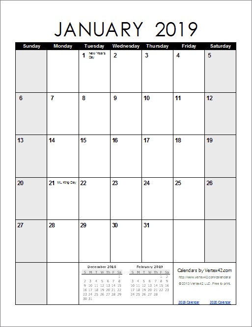 Free Monthly Calendar Printable 2019 2019 Calendar Templates and