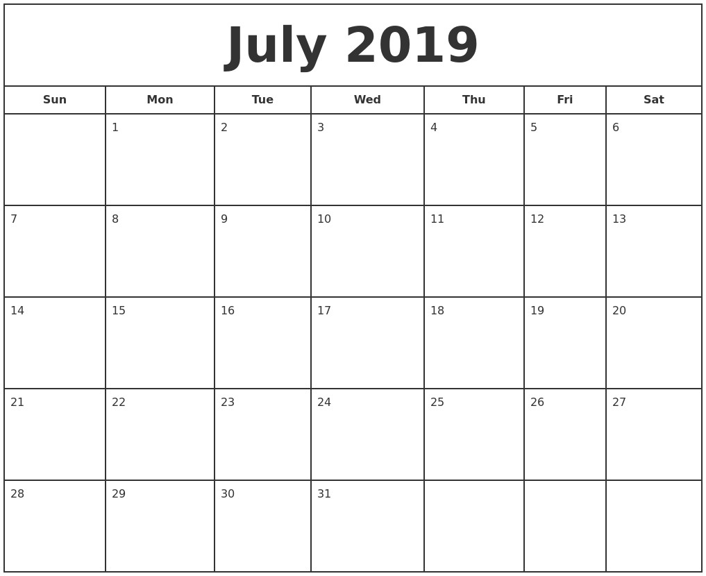 Free Online Printable Calendars 2019 July 2019 Print Free Calendar