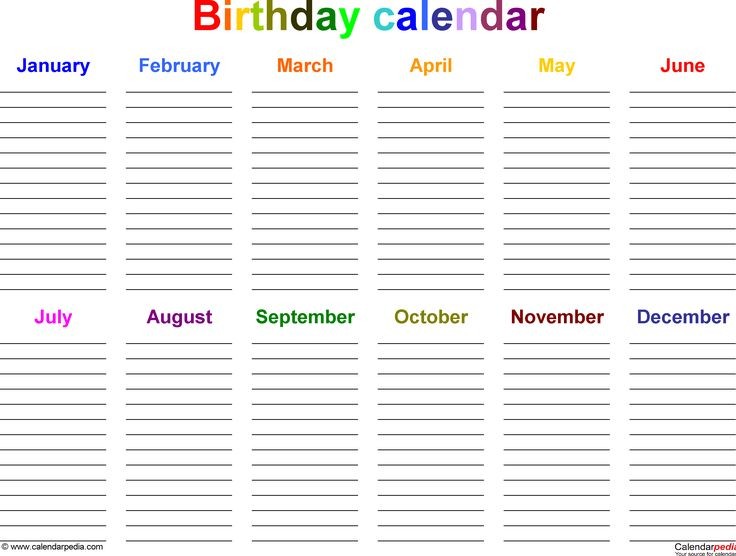 Free Printable Birthday Calendar Template Excel Template for Birthday Calendar In Color Landscape