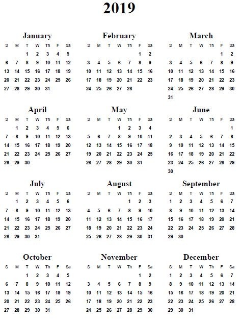 free printable 2019 yearly calendar