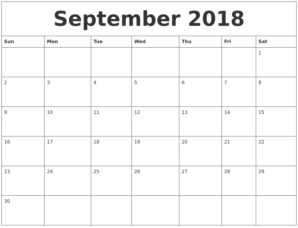 Free Printable Calendar No Download September 2018 Free Calendar Download