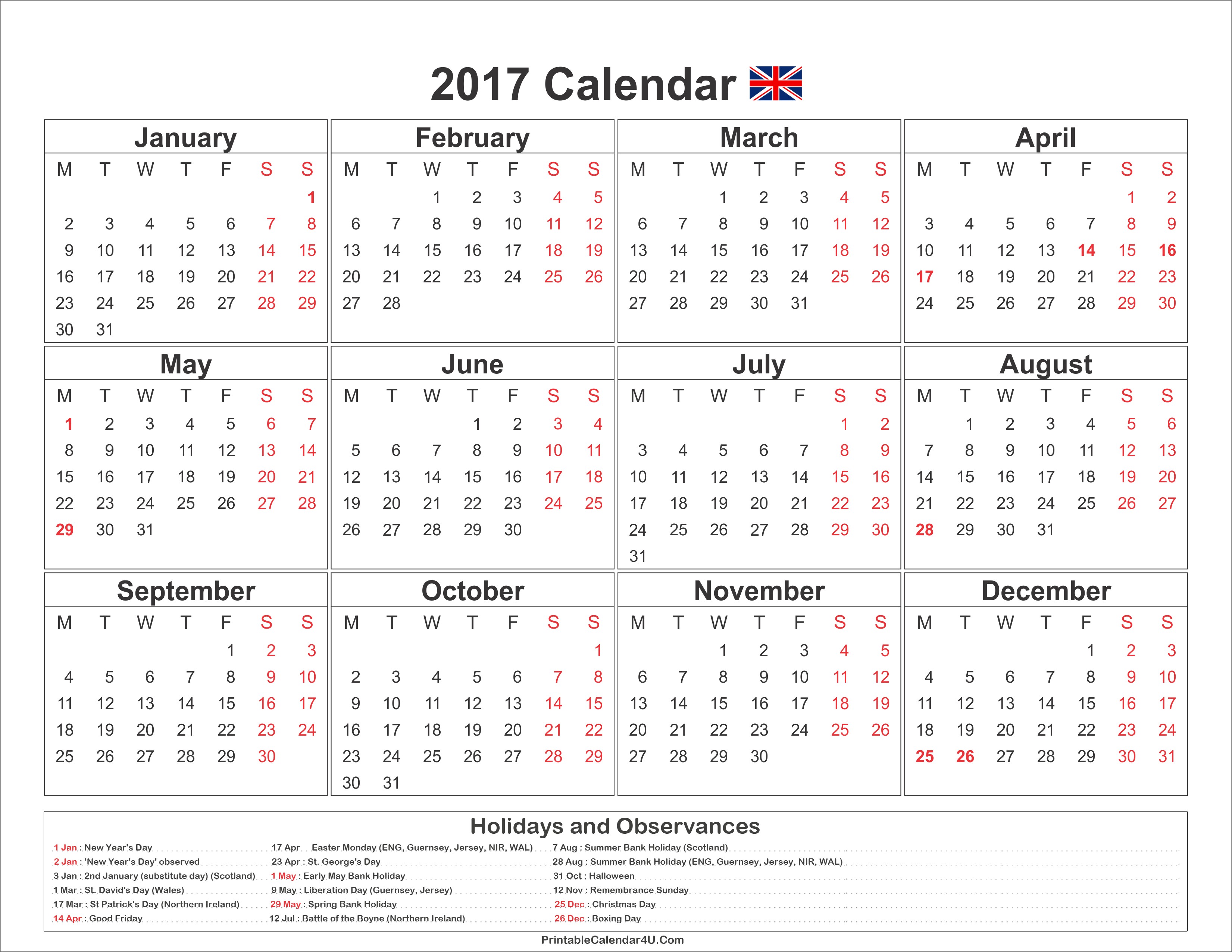 2017 calendar uk