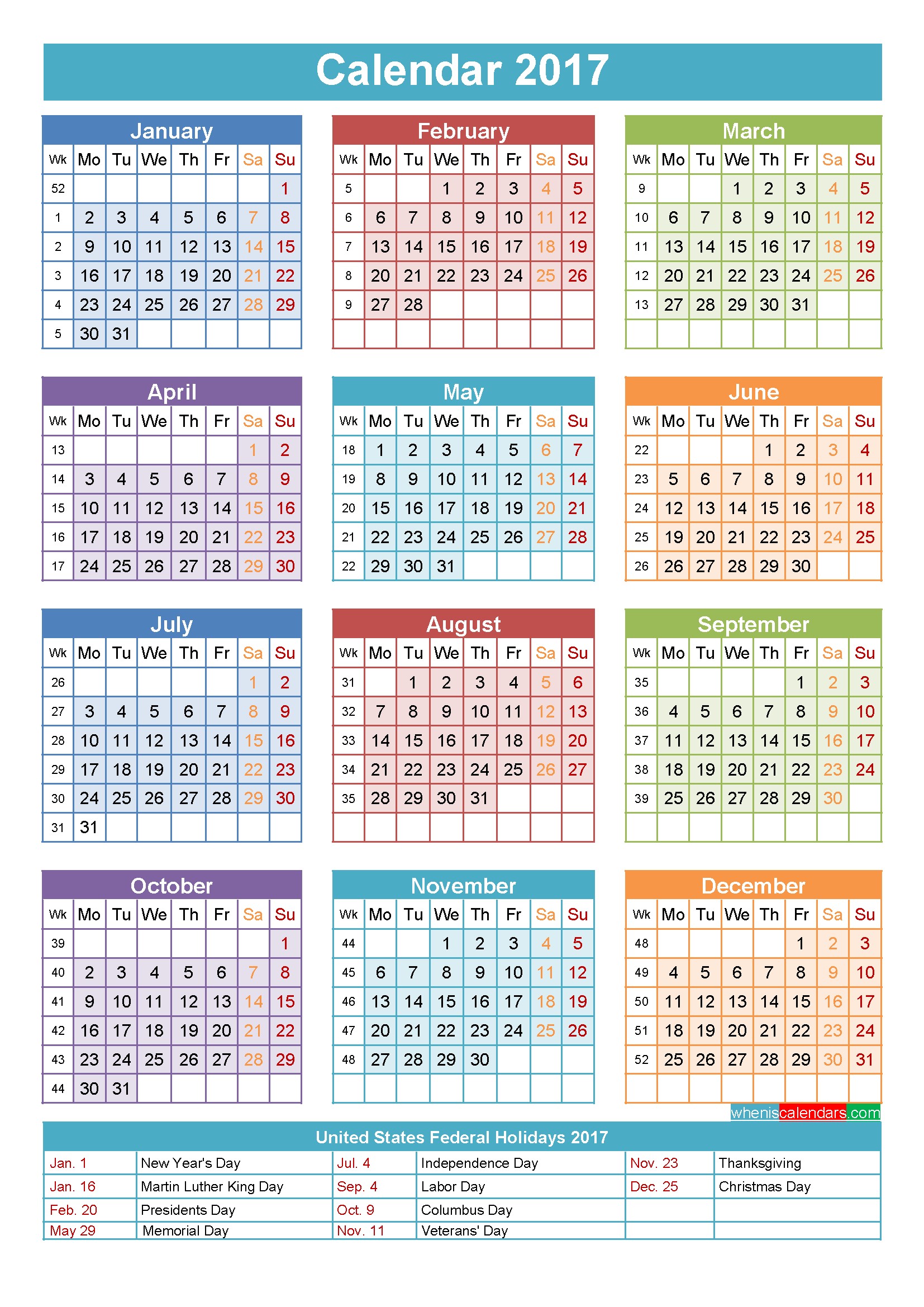 Free Printable Calendar with Holidays 2017 Calendar with Holidays Printable Yearly Calendar