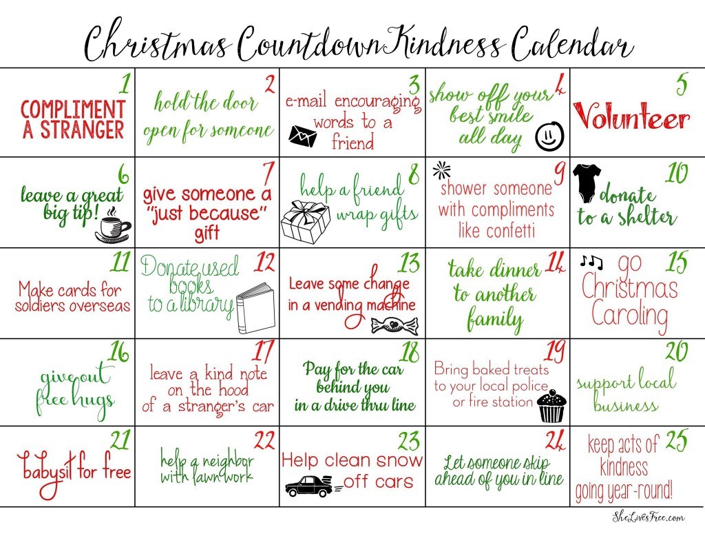 free printable countdown to christmas acts of kindness calendar