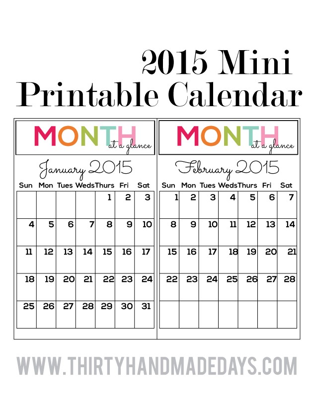 post printable mini monthly calendar 2016