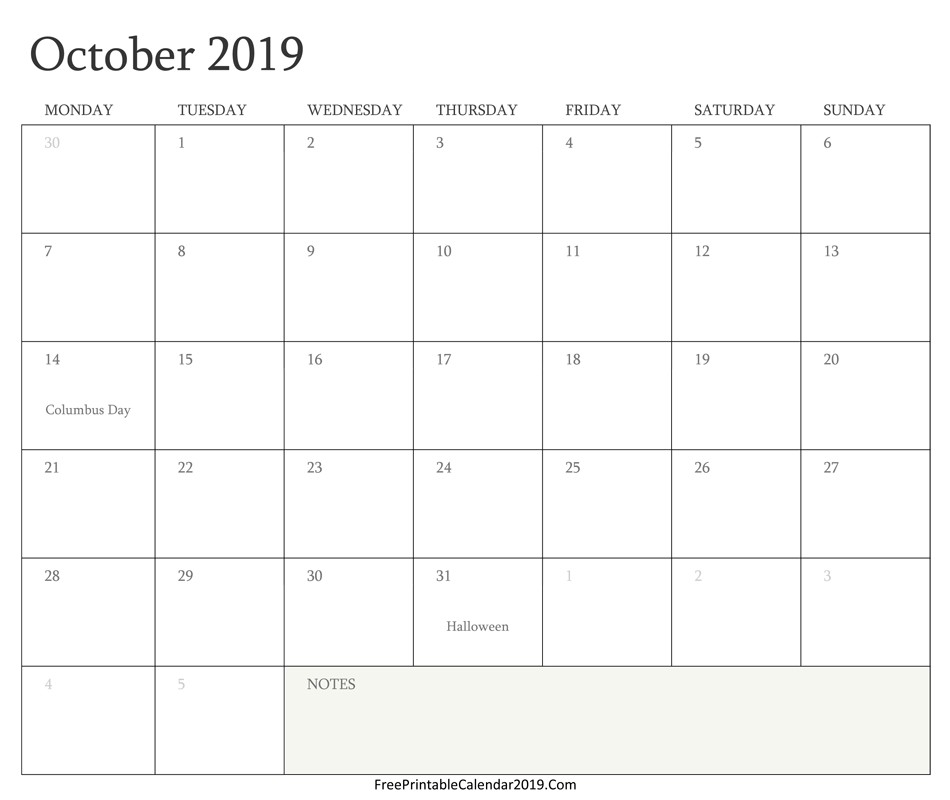 Free Printable October Calendar 2019 October 2019 Calendar Templates