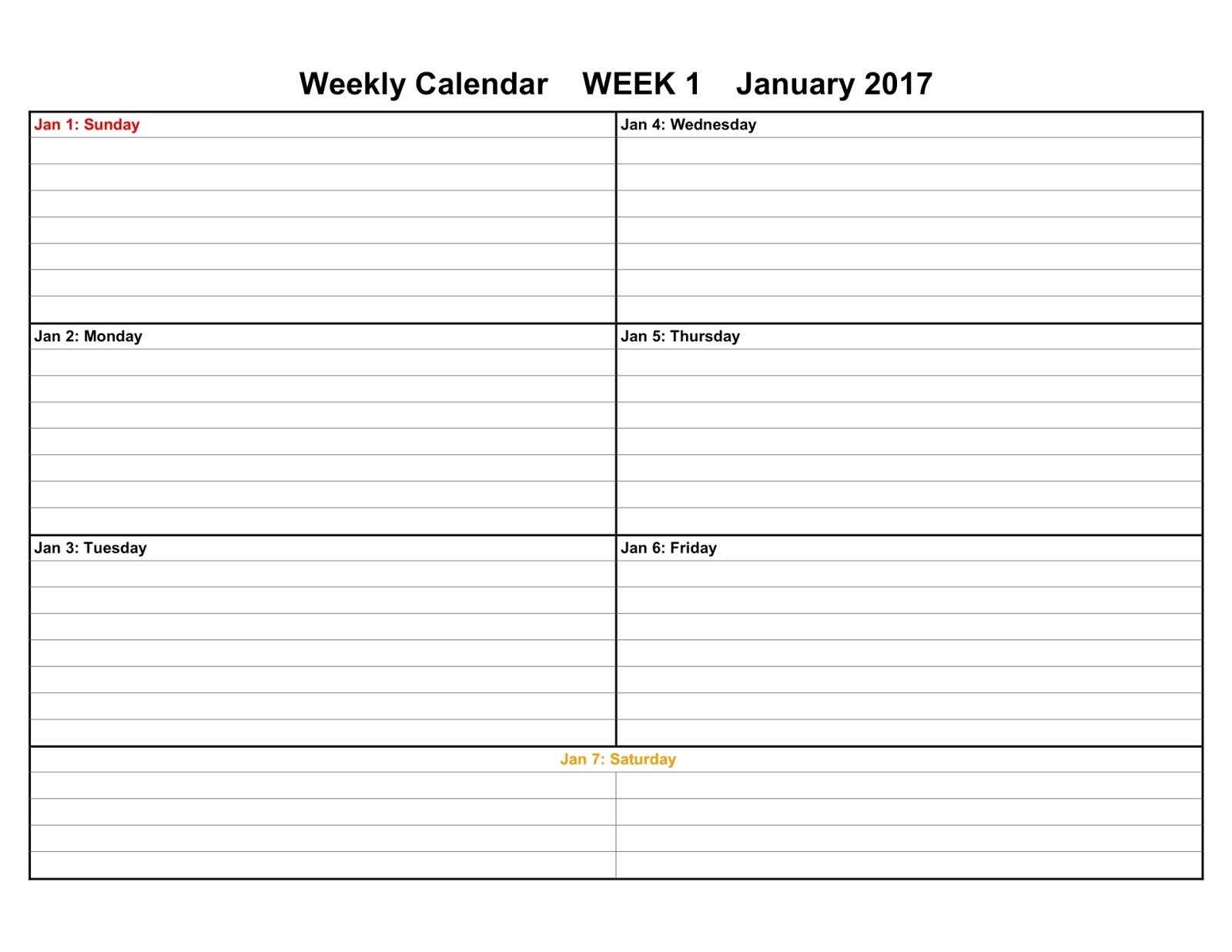 2017 weekly calendar templates