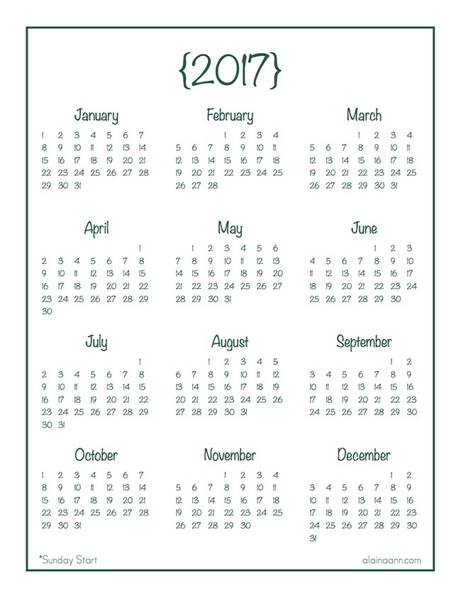 2017 year at a glance calendar free printable