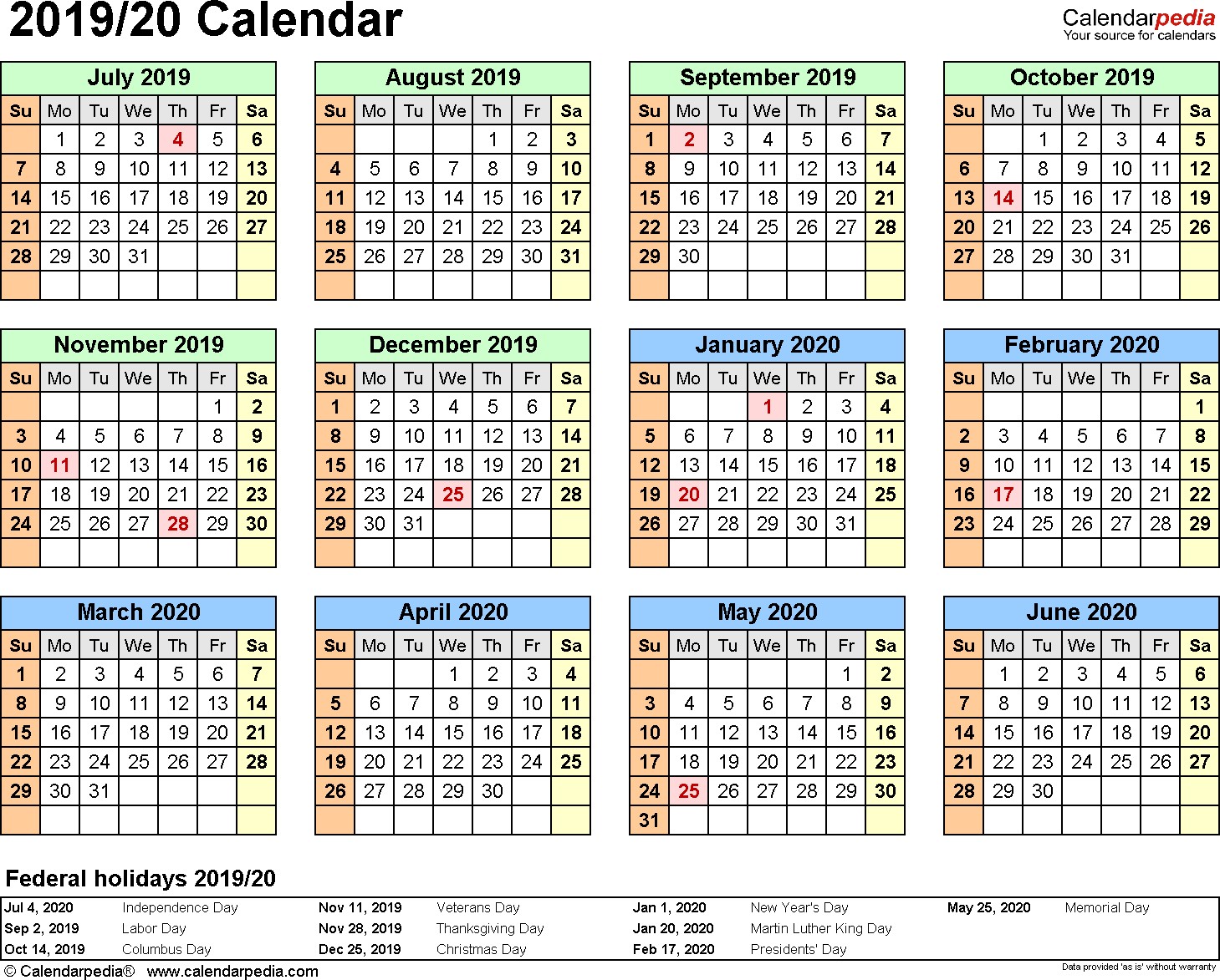 Free Printable Year at A Glance Calendar 2019 Split Year Calendar 2019 20 July to June Word Templates