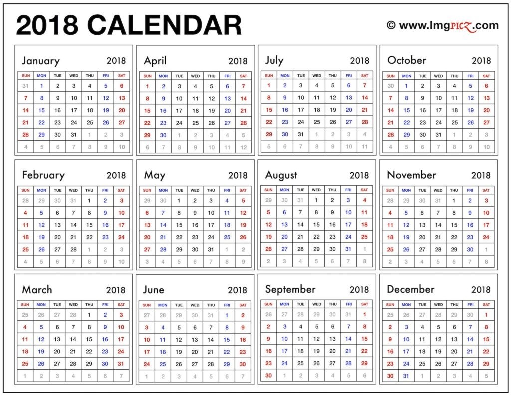 year at a glance printable calendar 2018