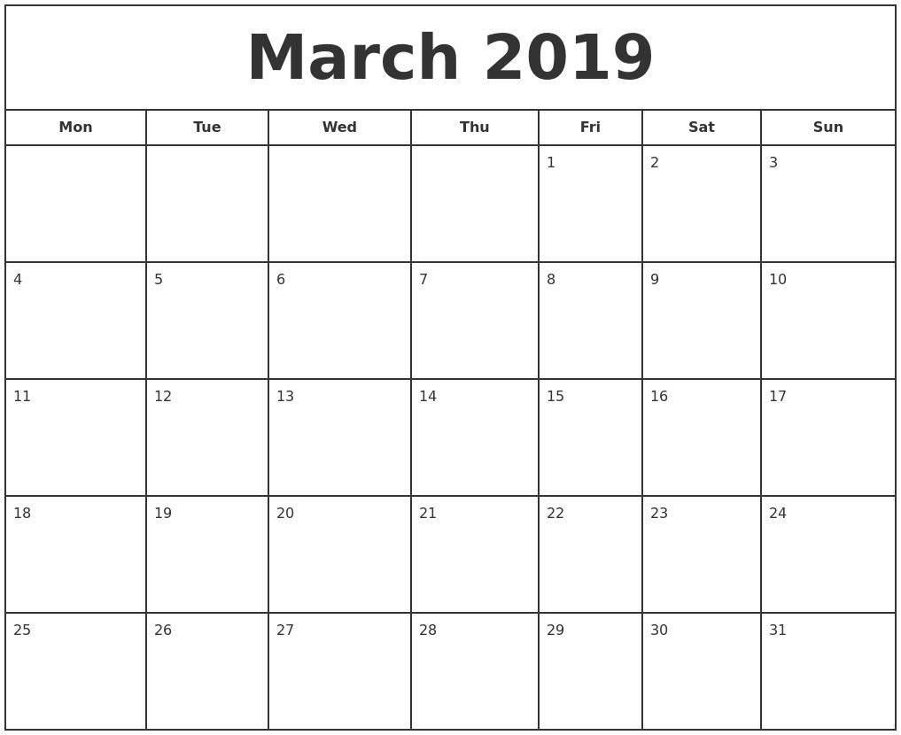 March 2019 Printable Calendar March 2019 Print Free Calendar