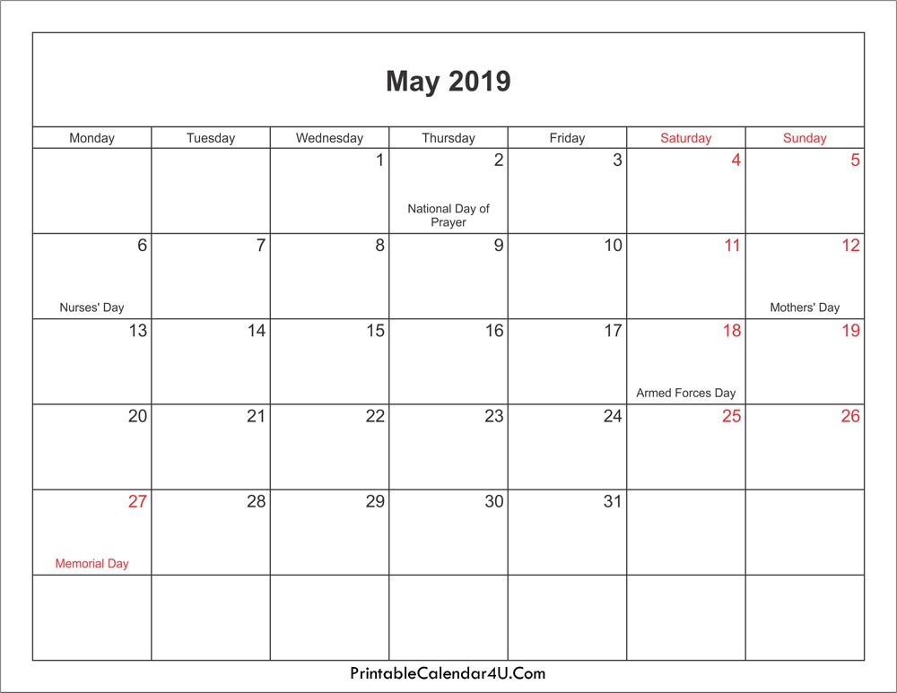 may 2019 calendar printable holidays