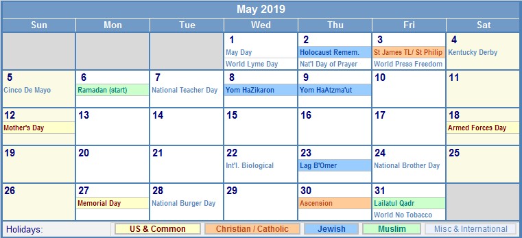 may 2019 calendar with holidays 1777