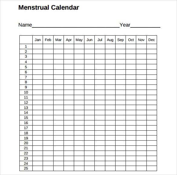 sample menstrual calendar