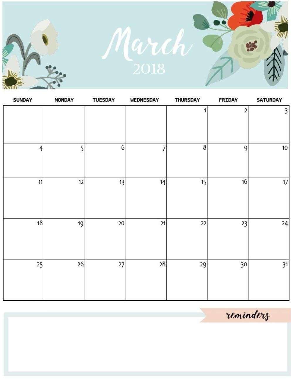 Pretty Printable Calendar Pretty March 2018 Calendar