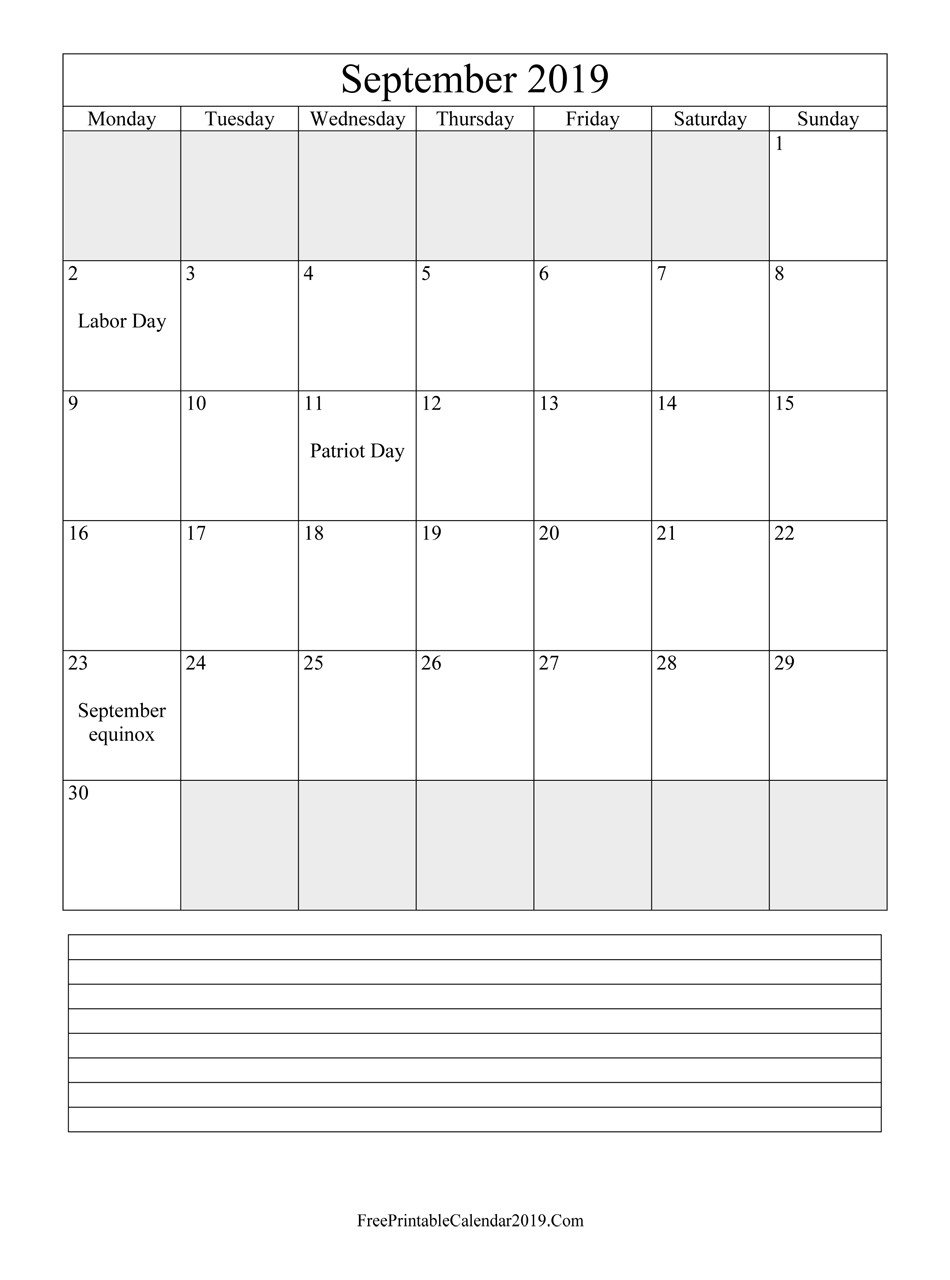 Printable 2019 Calendar with Notes September 2019 Calendar Templates