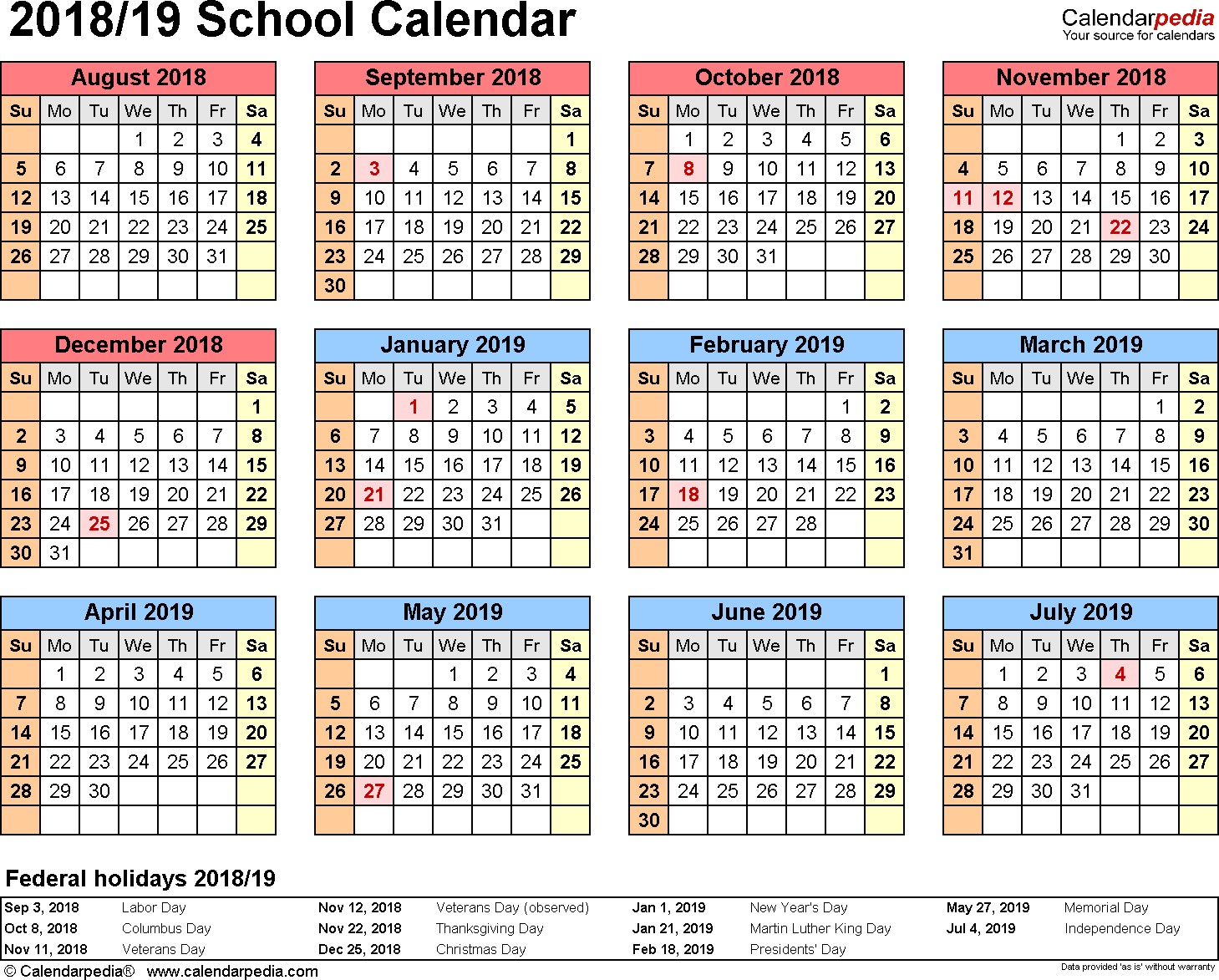 school calendar 2018 2019 word templates