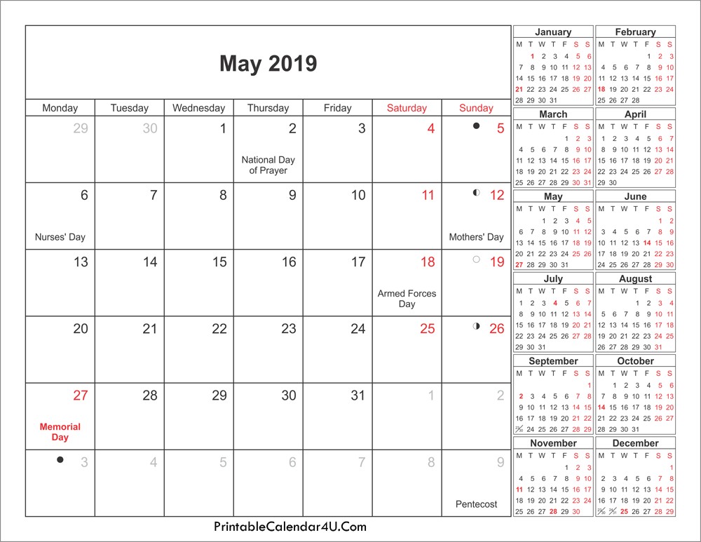 Printable 2019 Calendars Monthly May 2019 Printable Calendar