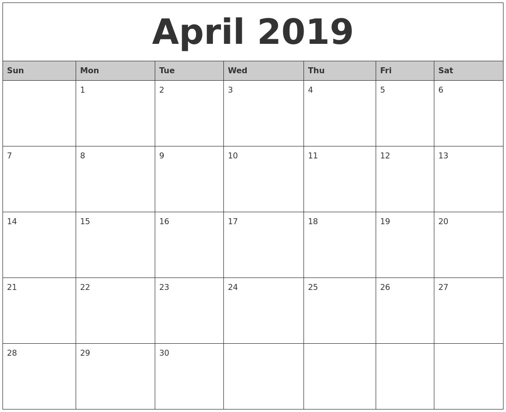 april 2019 monthly calendar printable