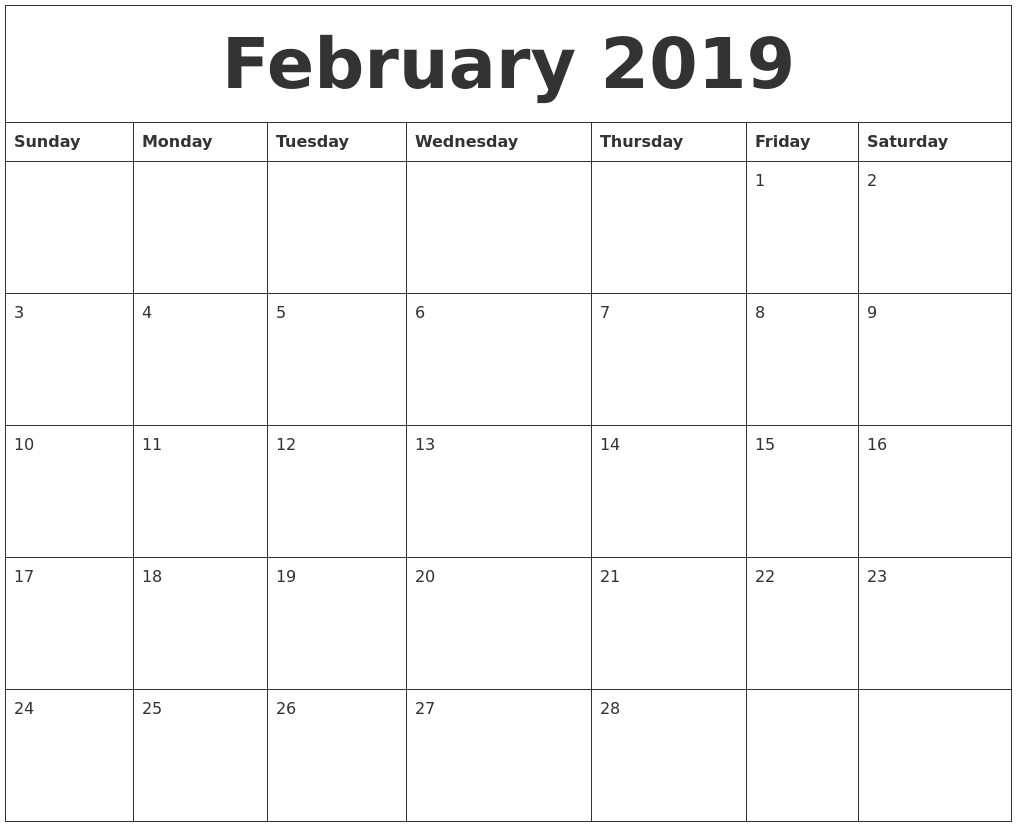 february 2019 print monthly calendar