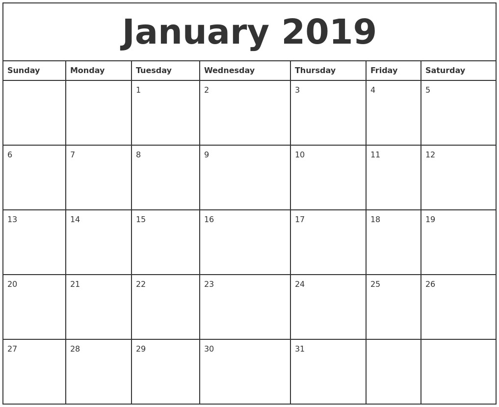 Printable 2019 Monthly Calendars January 2019 Printable Monthly Calendar