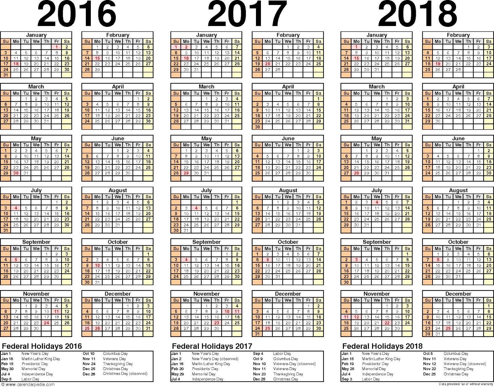 three year printable calendar 2016 17 18