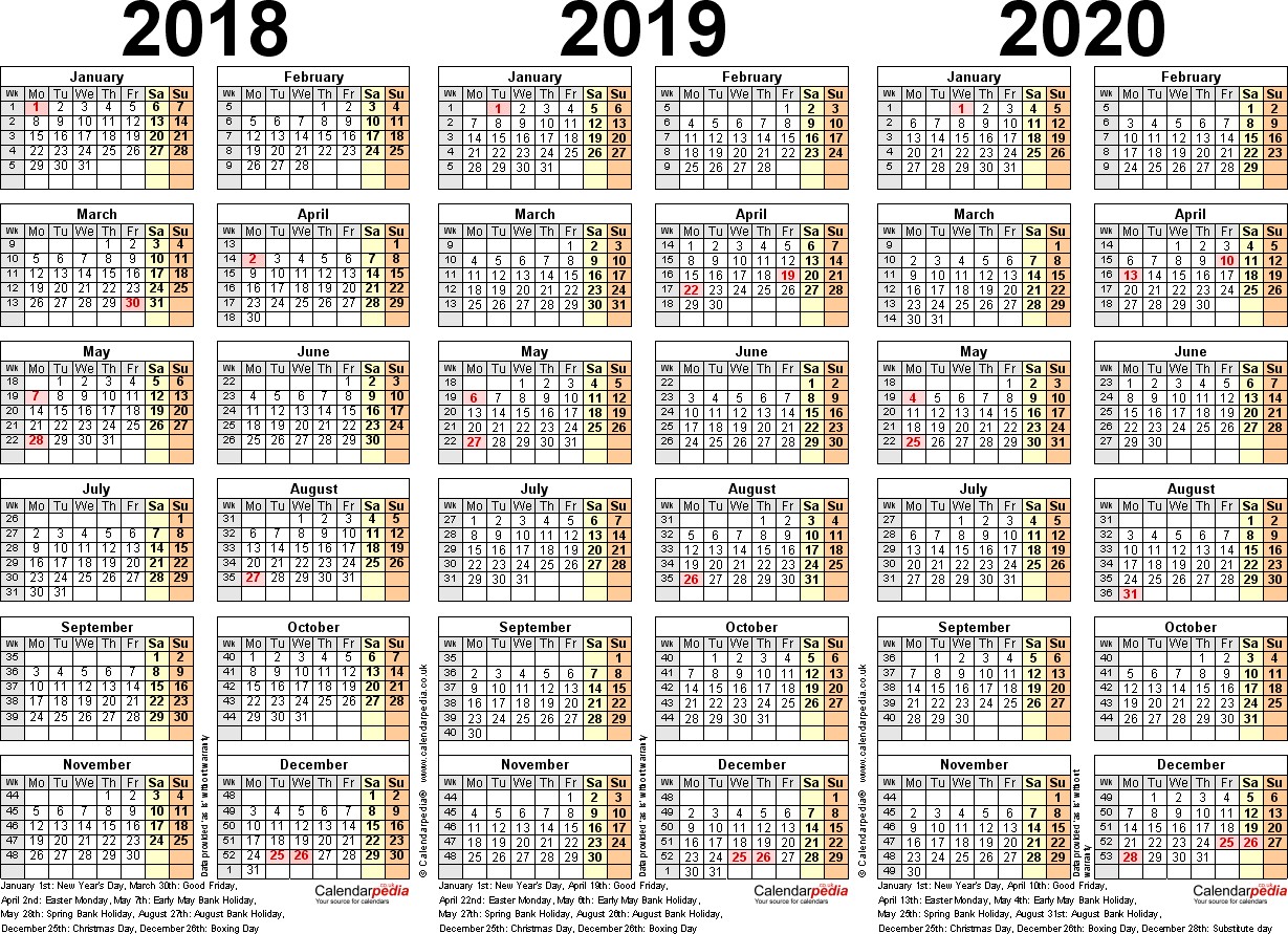 three year calendar 2018 2019 2020 pdf templates