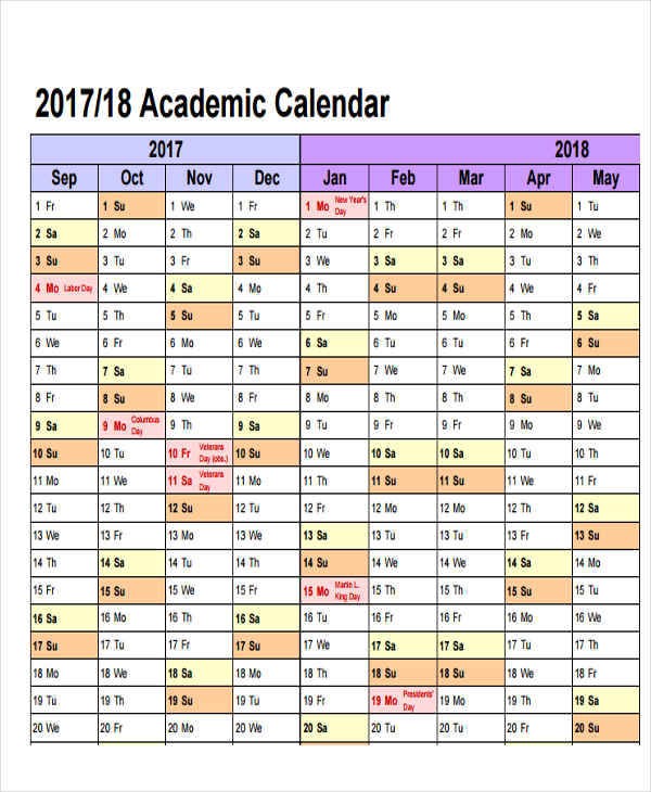 Printable Academic Calendar 5 Academic Calendar Templates – Free Sample Example