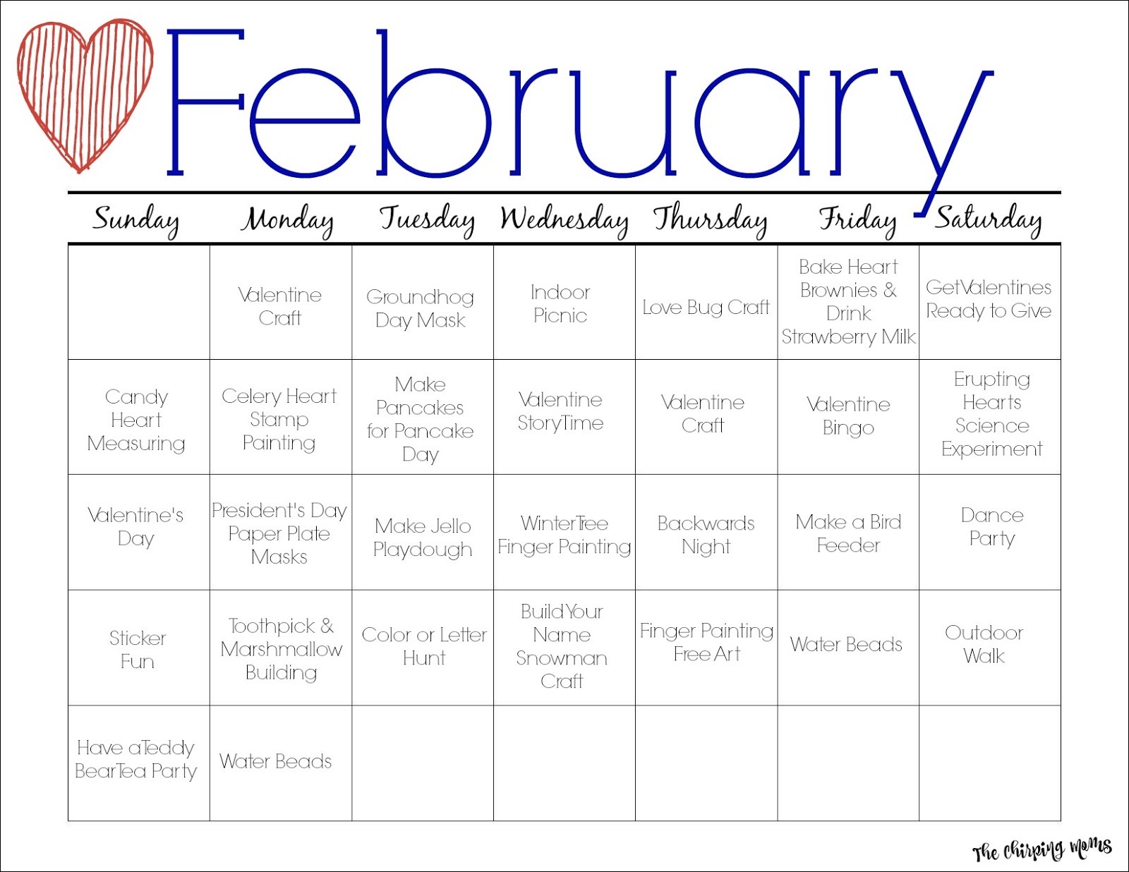 february printable activity calendar