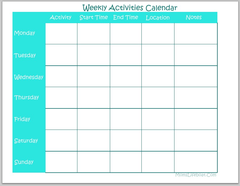 weekly activites calendar free printable