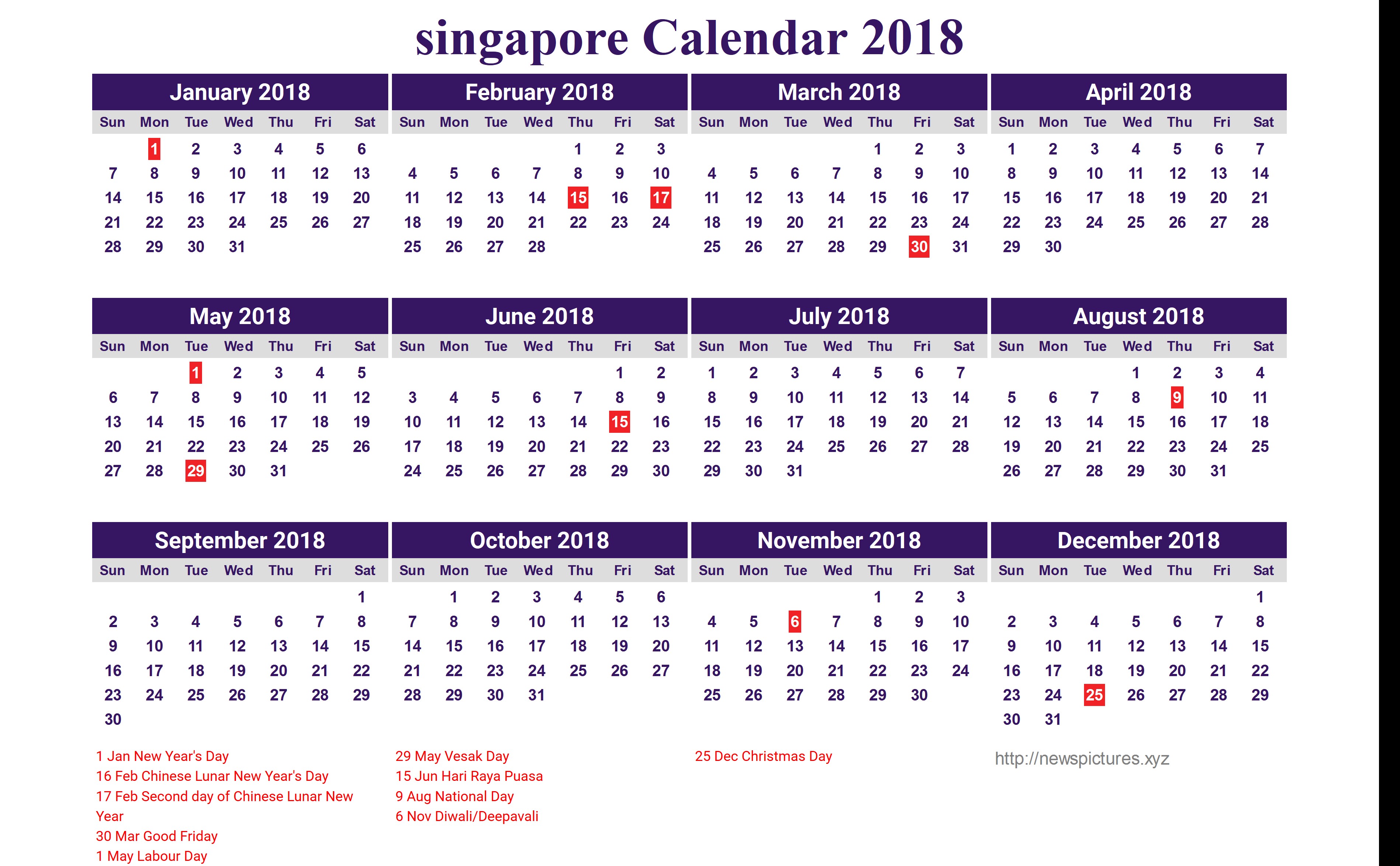 Printable Calendar 2019-18 New Year Dates 2018 Singapore 28 Images School