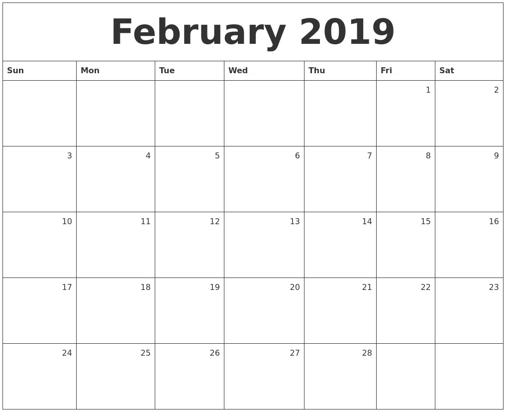 february 2019 monthly calendar