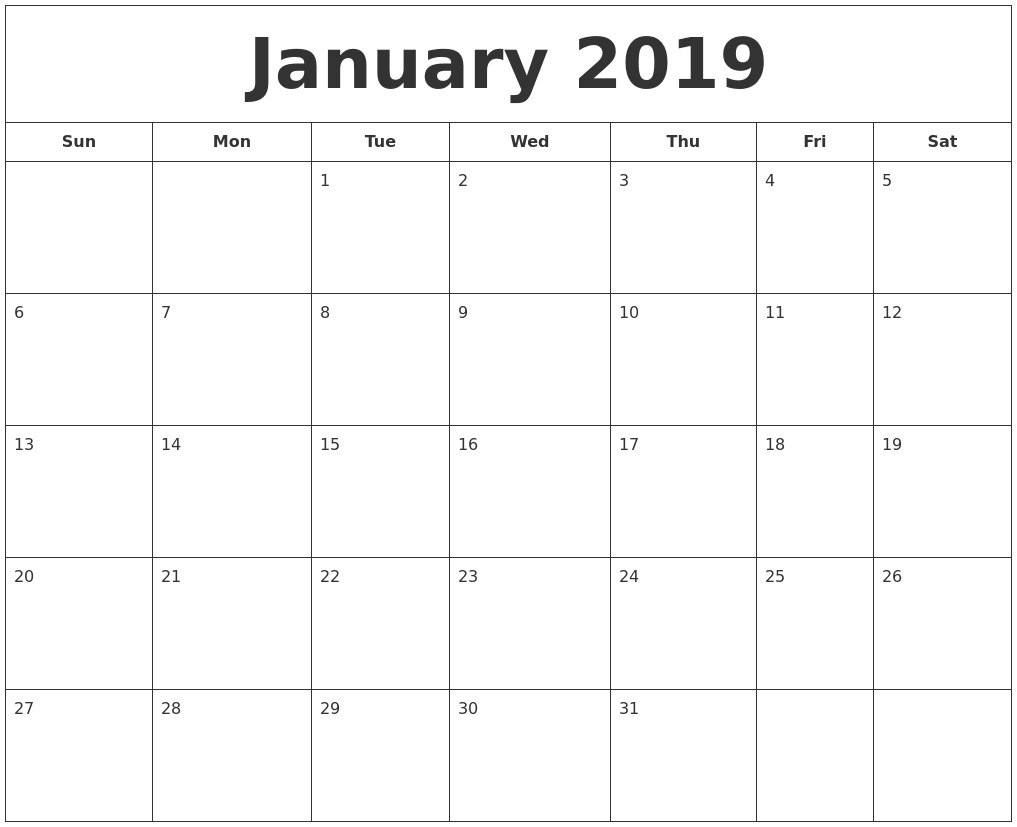 january 2019 printable calendar