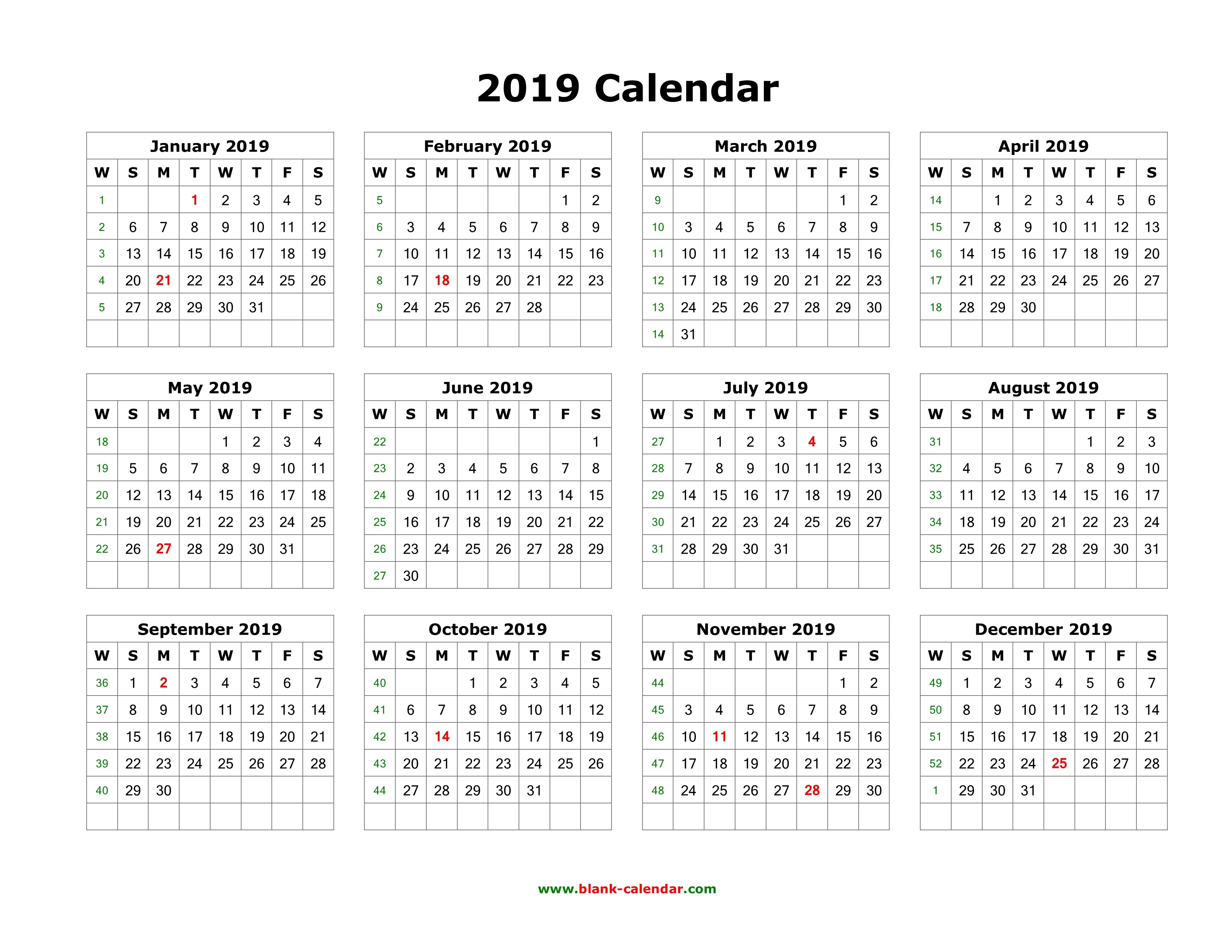 yearly calendar blank landscape