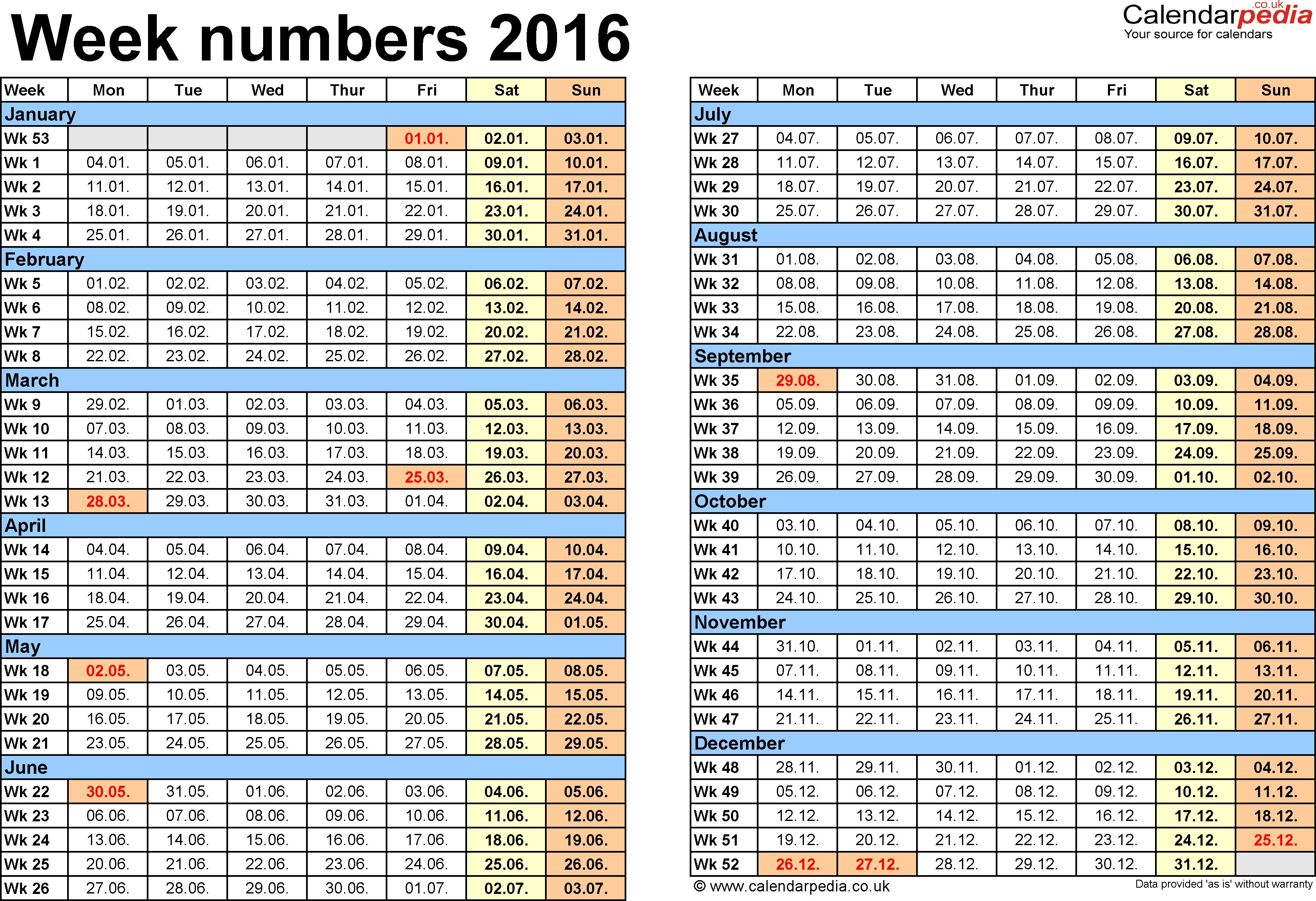 week numbers 2016