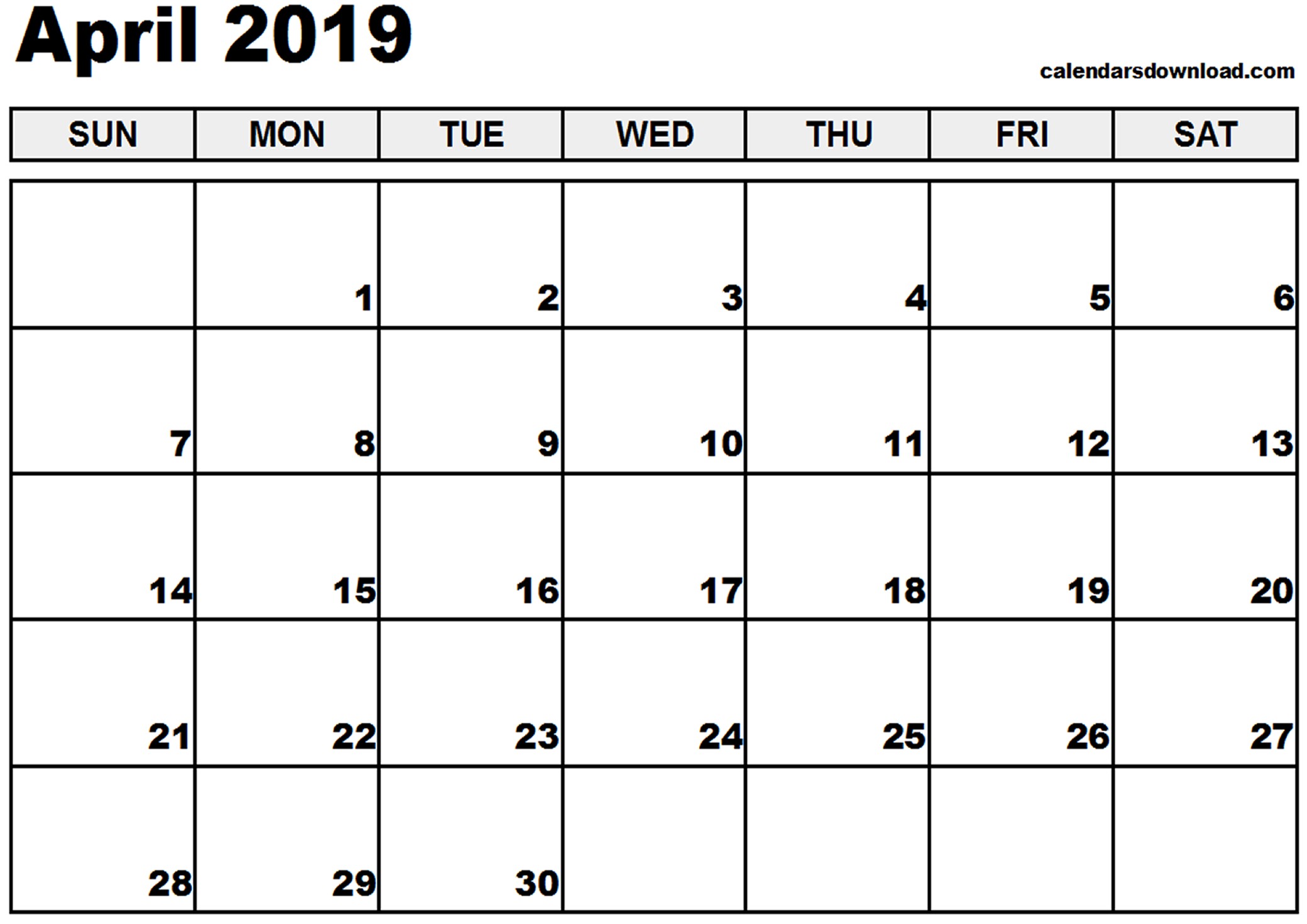 april 2019 calendar