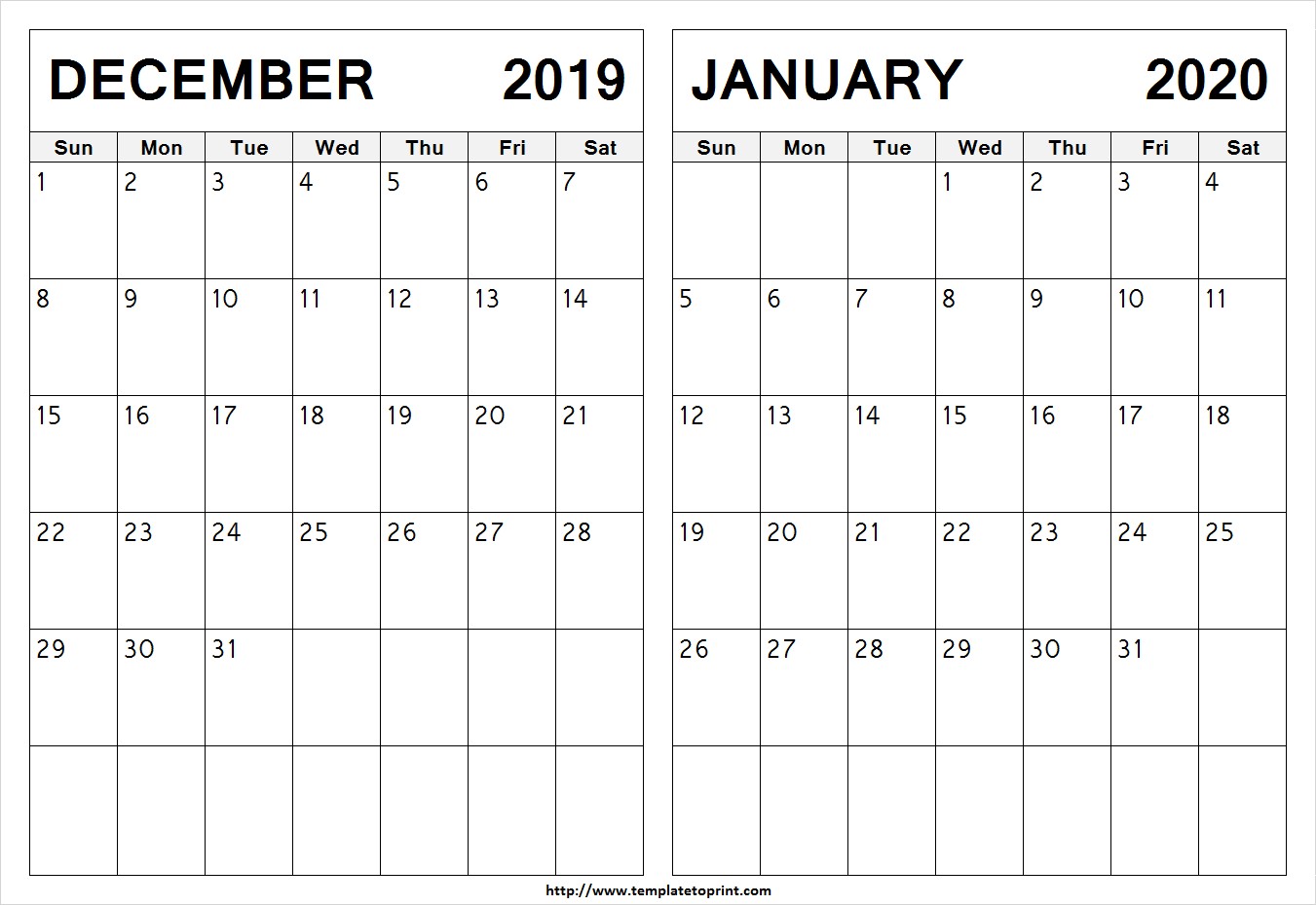 blank december 2019 january 2020 calendar