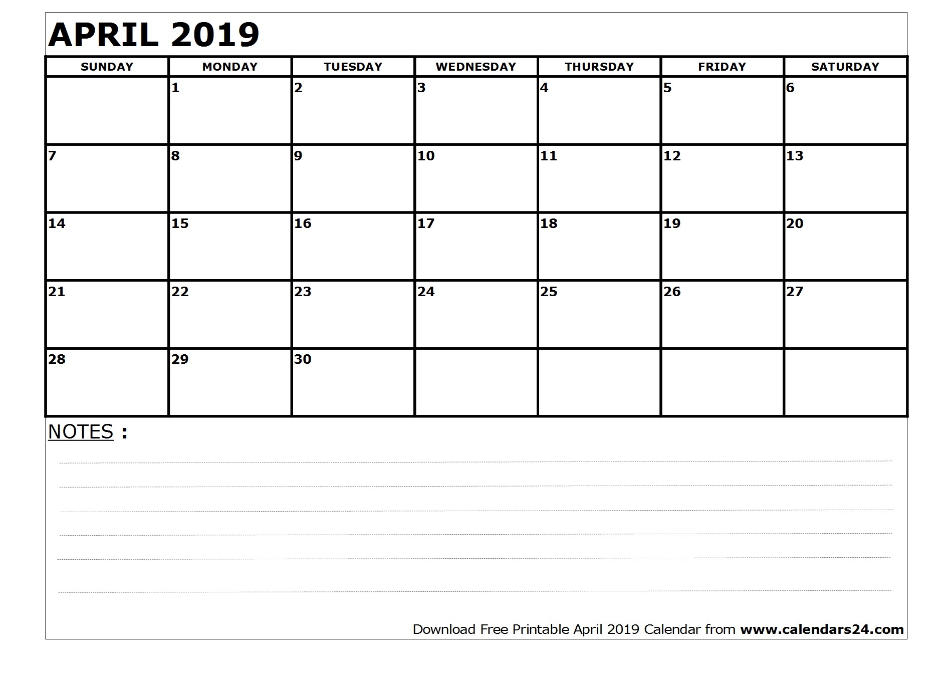 april 2019 calendar