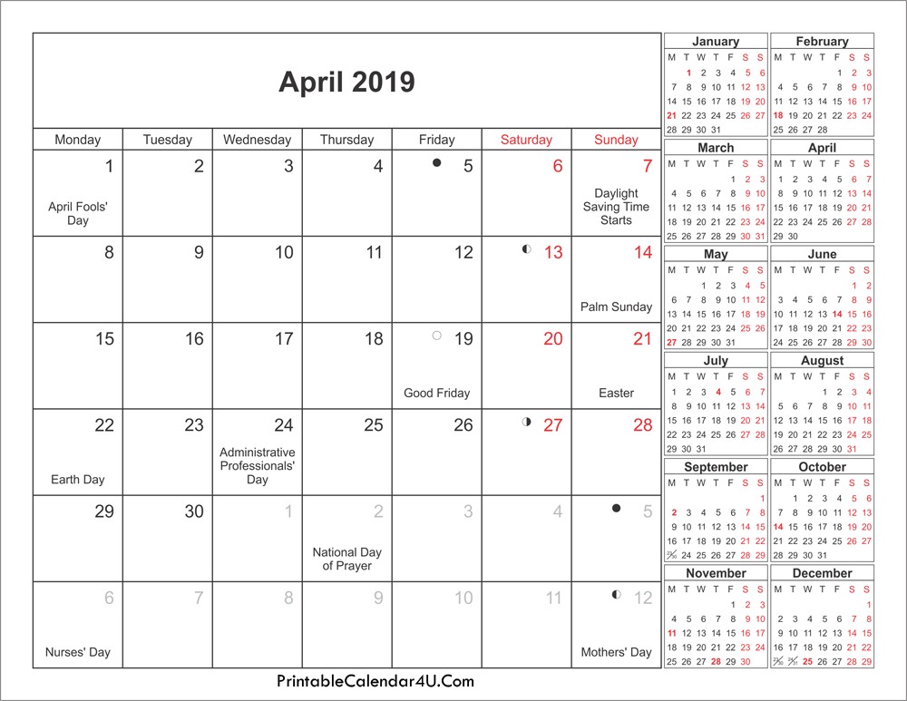 april 2019 calendar printable holidays