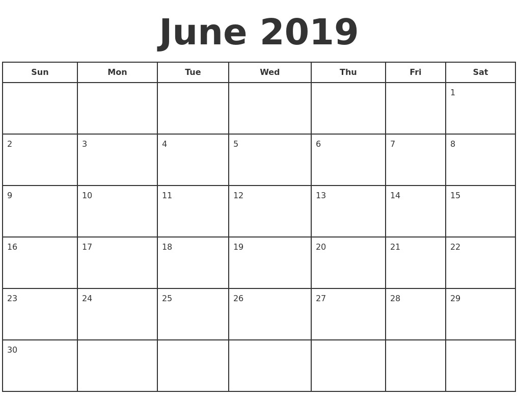 june 2019 print a calendar