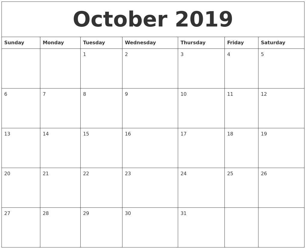 october 2019 word calendar