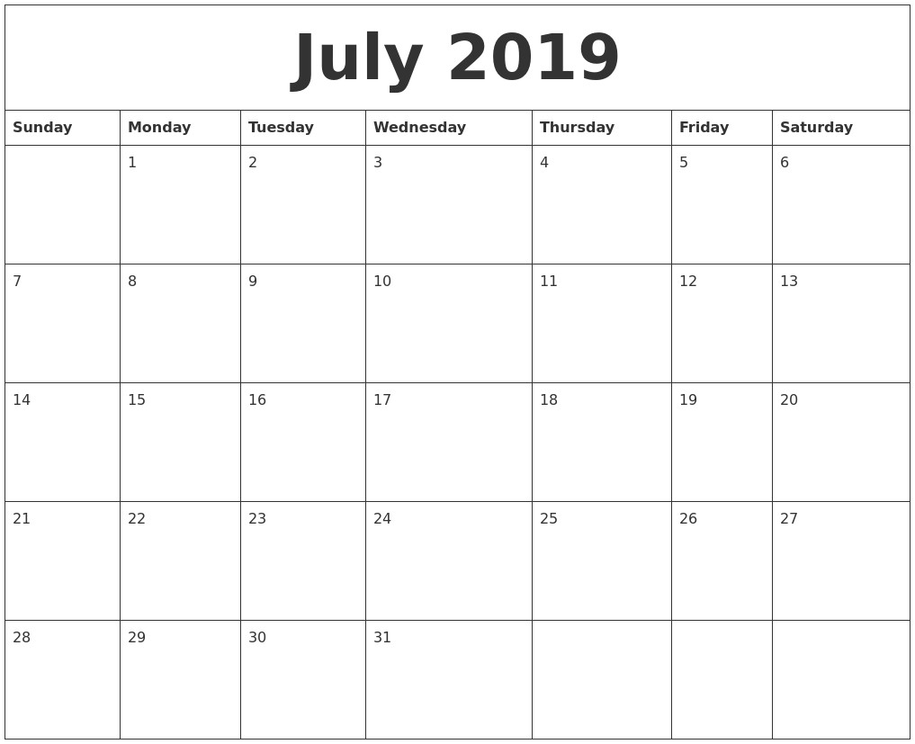 Printable Calendar Pages 2019 July 2019 Printable Calendar Pages