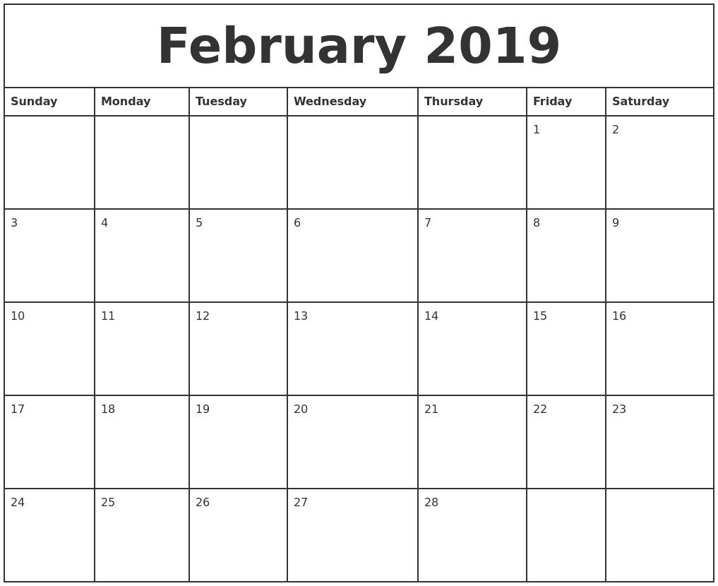 february 2019 printable monthly calendar