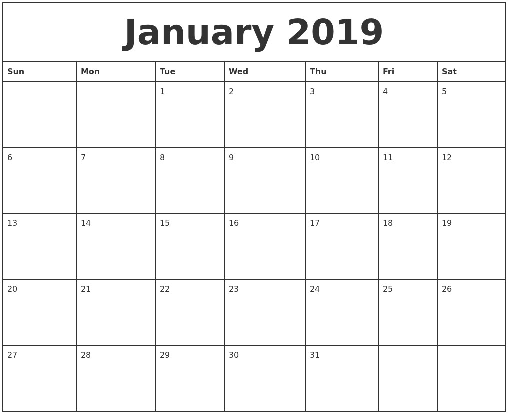 january 2019 printable monthly calendar